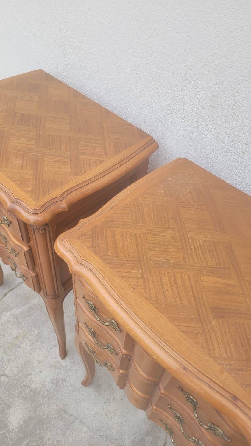 Pair of Louis xv style bedside tables in cherry wood, 3 drawers