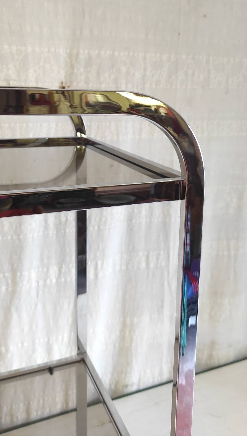 Side table in chrome metal and smoked glass - 70s/80s