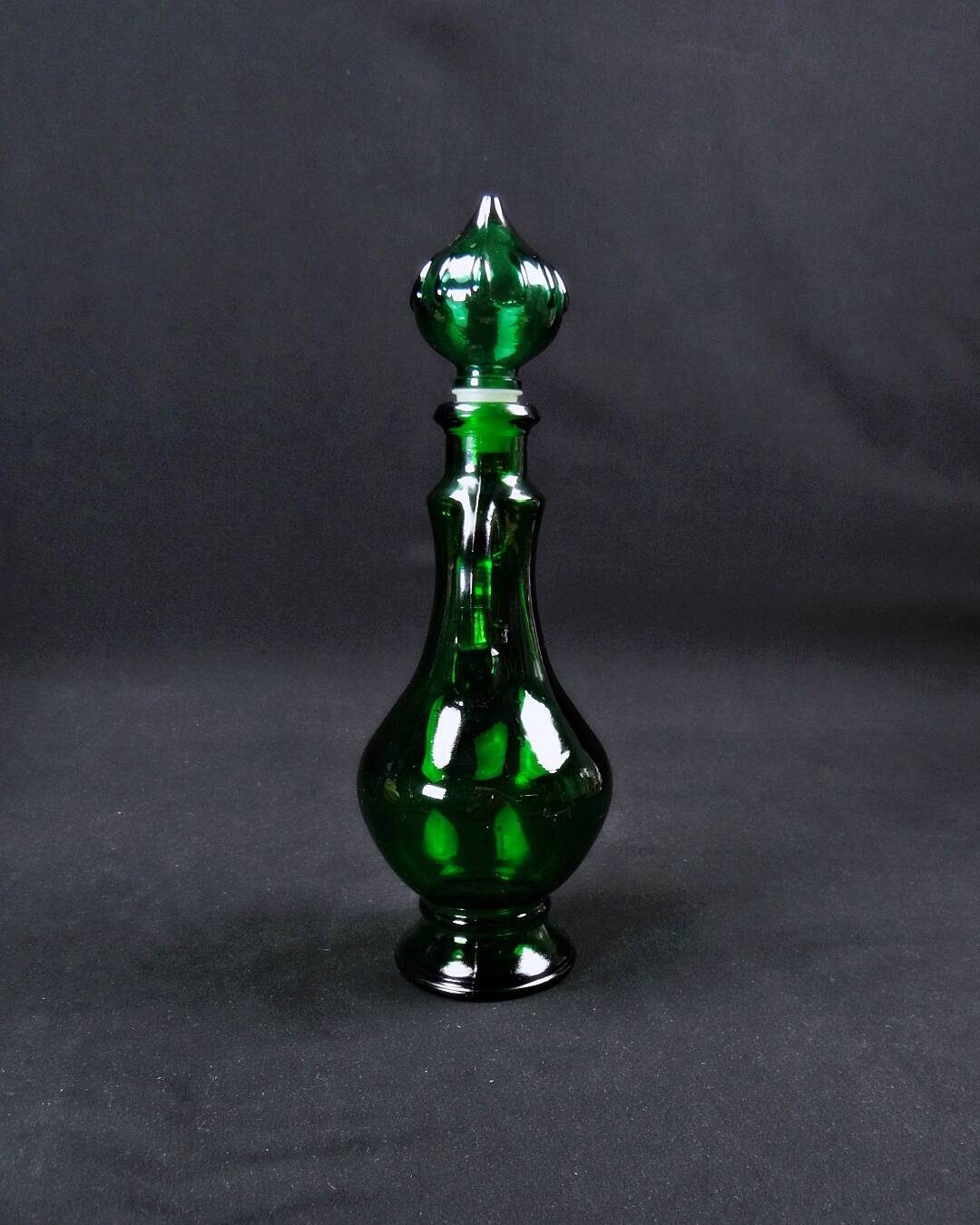 Vintage 70s green Empoli glass genie carafe bottle