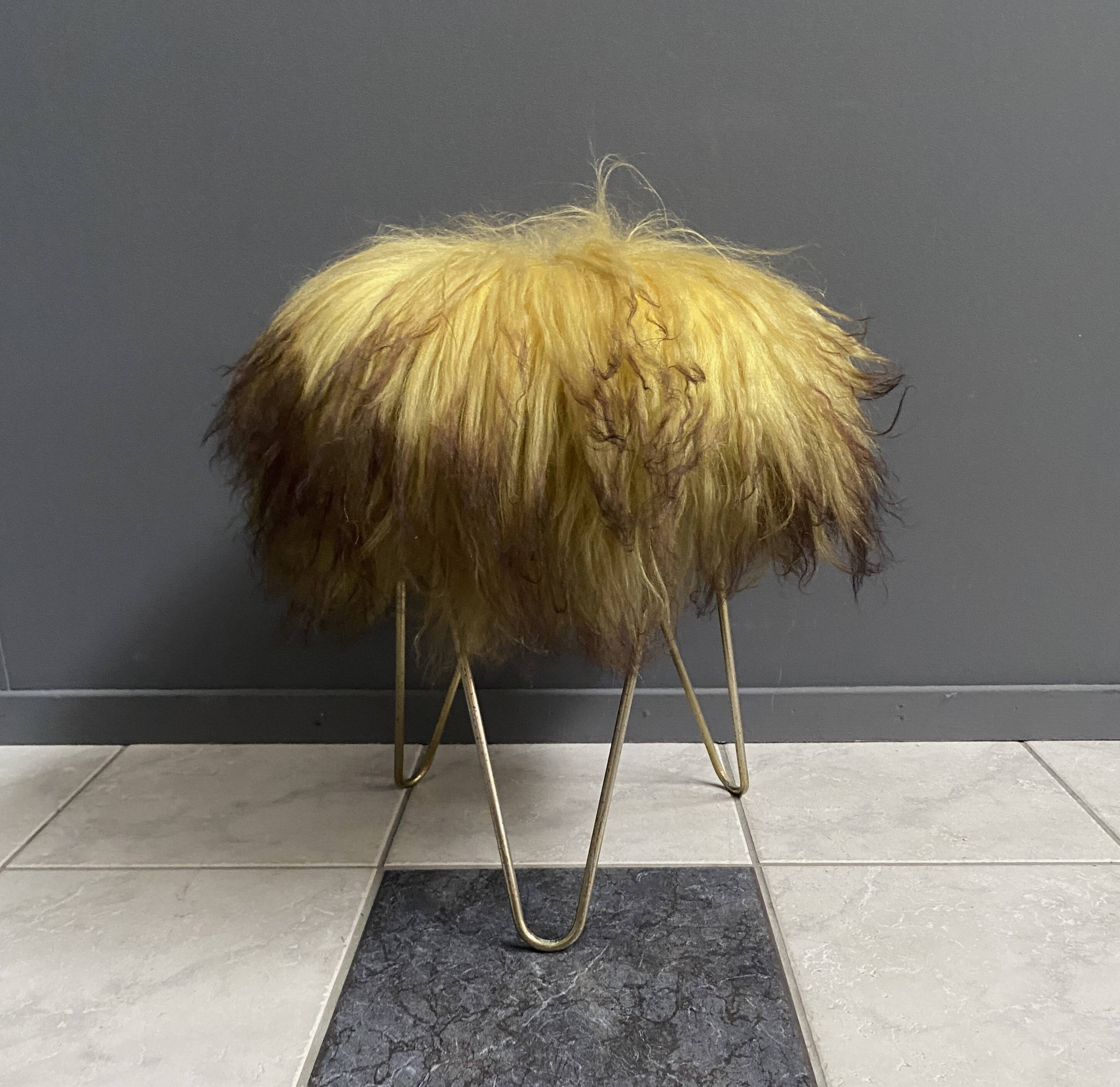 Yellow Angora sheep skin stool 1960s