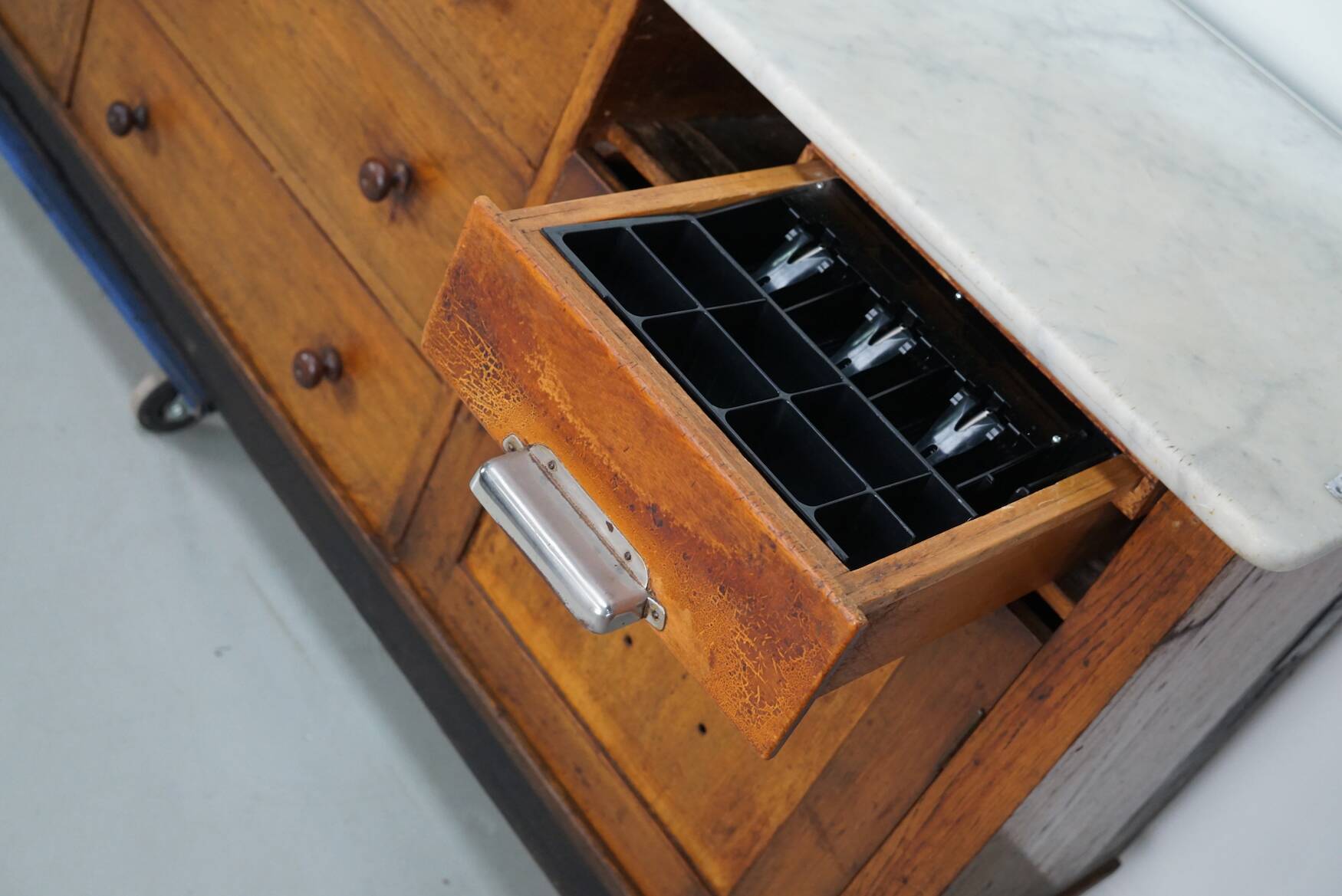 Large Antique Art Deco German Oak & Marble Chocolate Shop Counter, 1920s