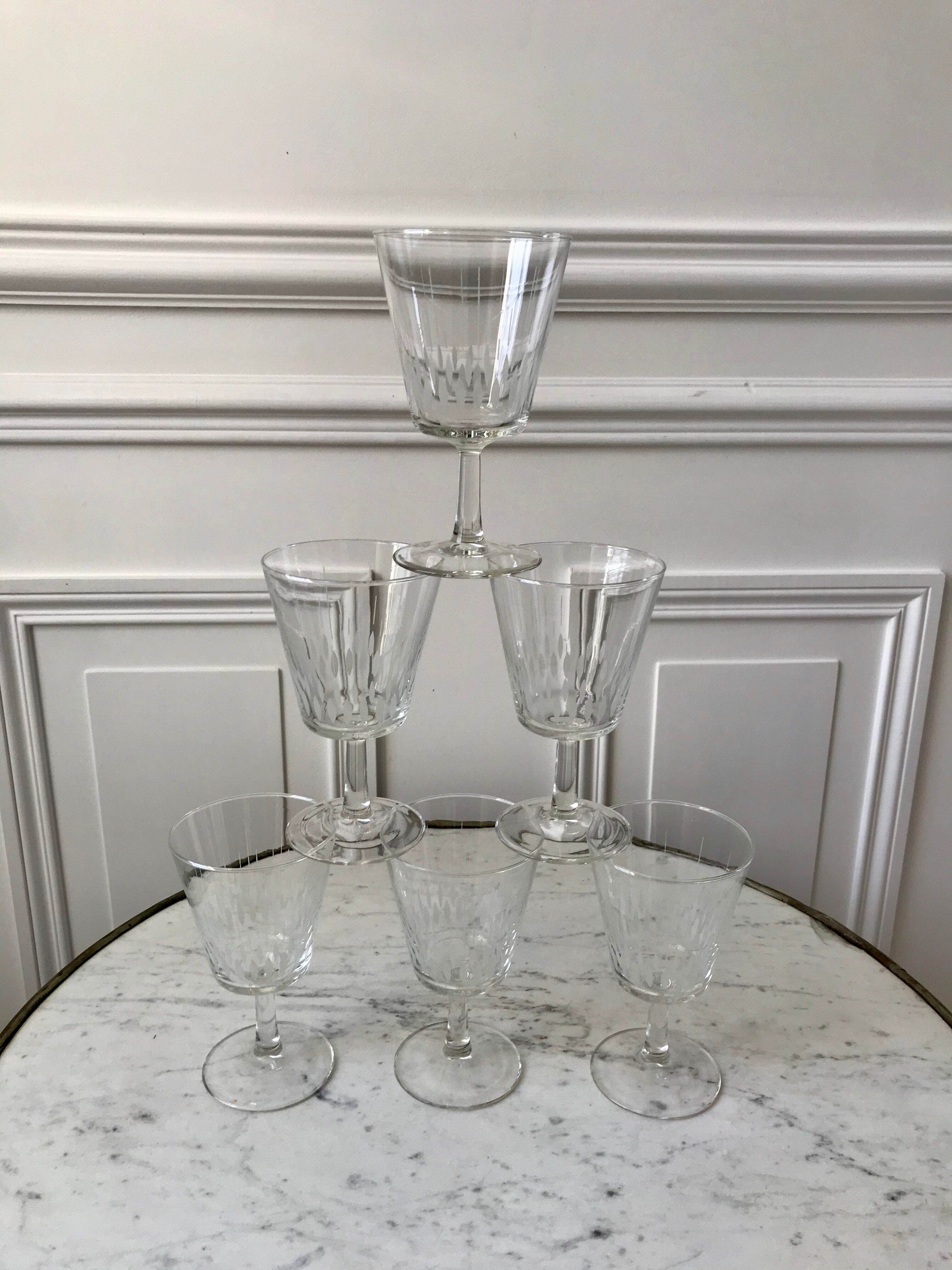 Set of 6 large crystalline glass wine glasses 50-60s