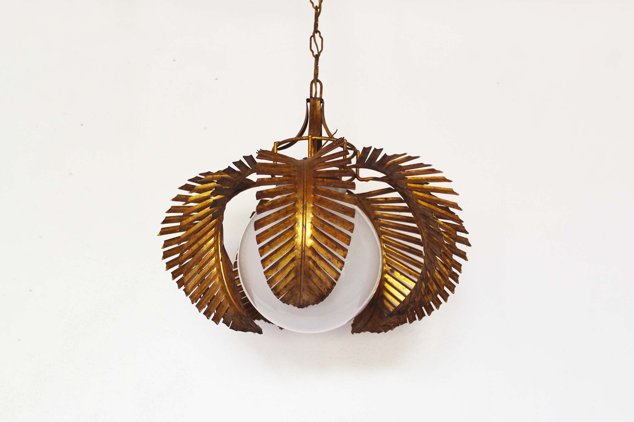 Gilt palm leaf and opaline glass pendant light by Hans Kögl