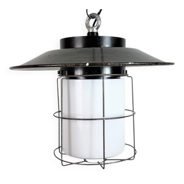 Industrial Grey Enamel Cage Pendant Lamp, 1960s