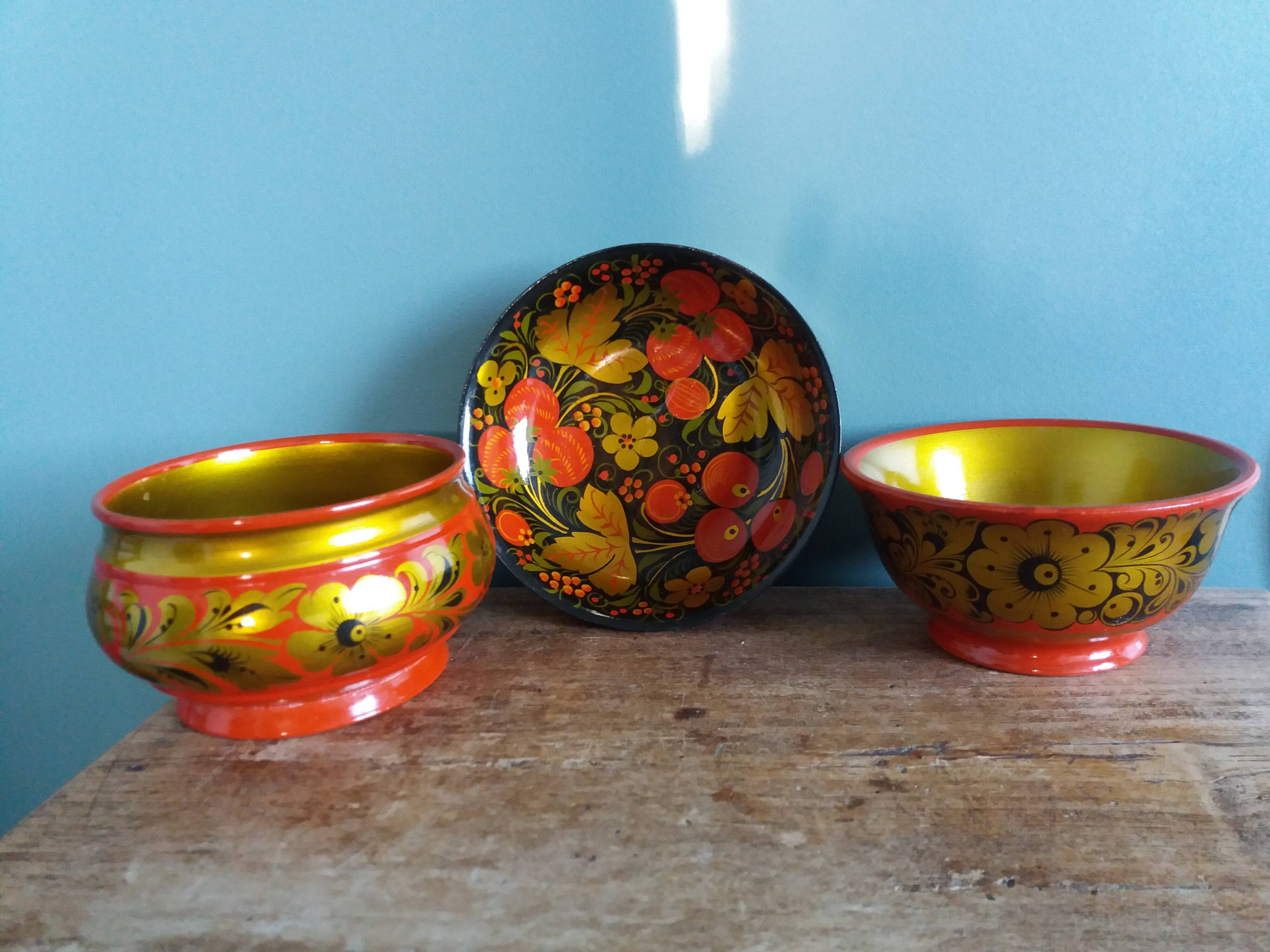 Khokhloma Russian handicraft painted wooden bowls