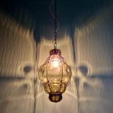 Venetian pendant light in blown glass and wrought metal, mid-20th century