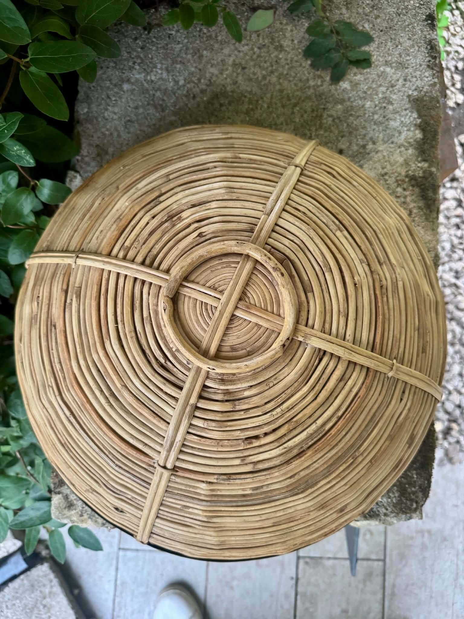 Large wicker basket brass Gabriella Crespi 1960s Italy vintage