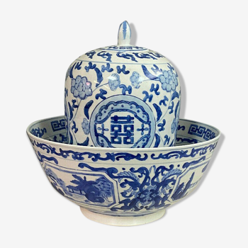 Coupe et son pot a gingembre a décors de scènes animées Asie XXeme