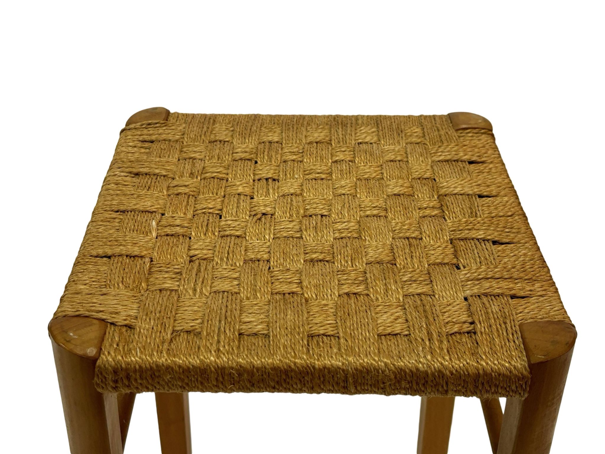 Tabouret vintage années 60 en chêne avec assise tressée