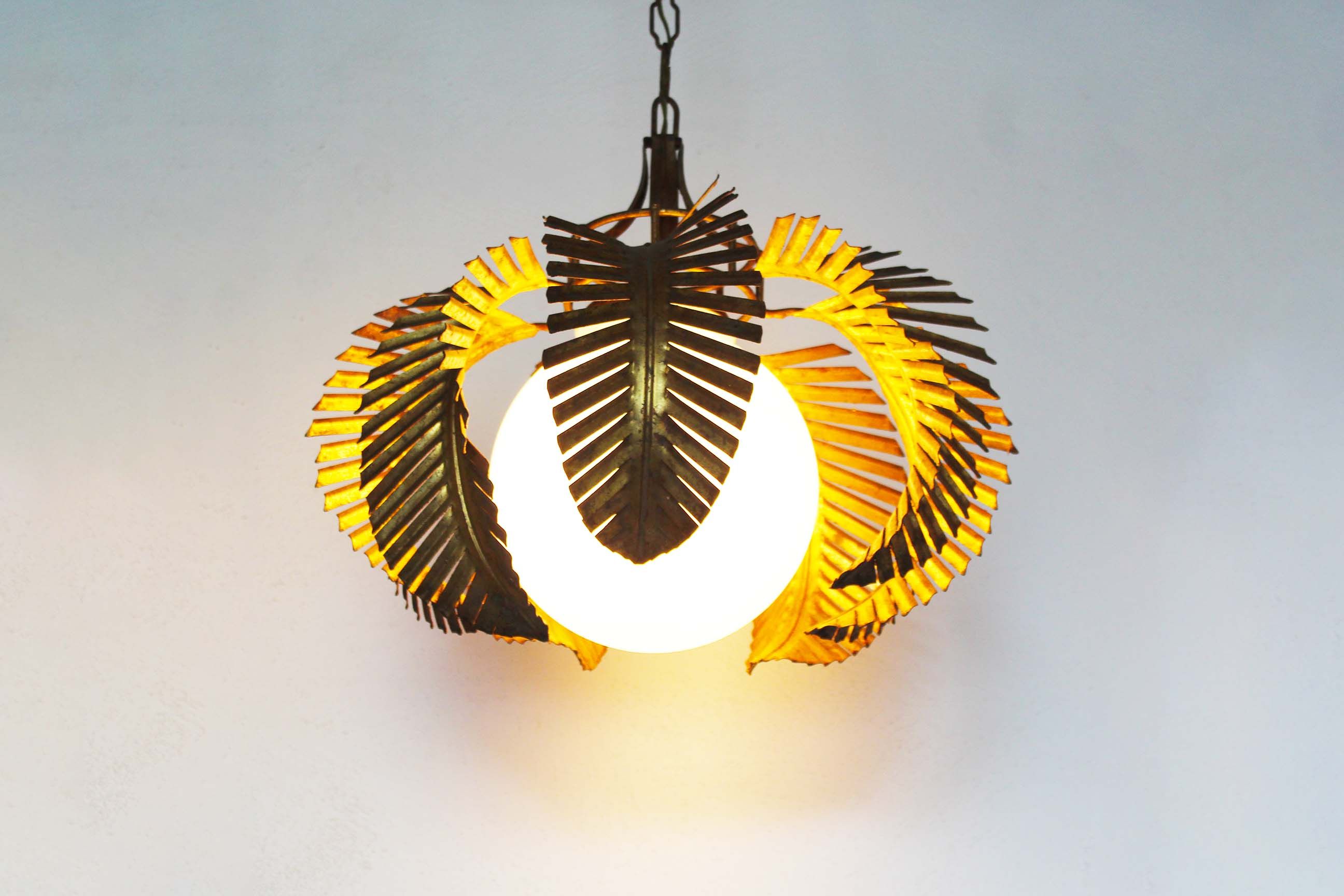 Gilt palm leaf and opaline glass pendant light by Hans Kögl
