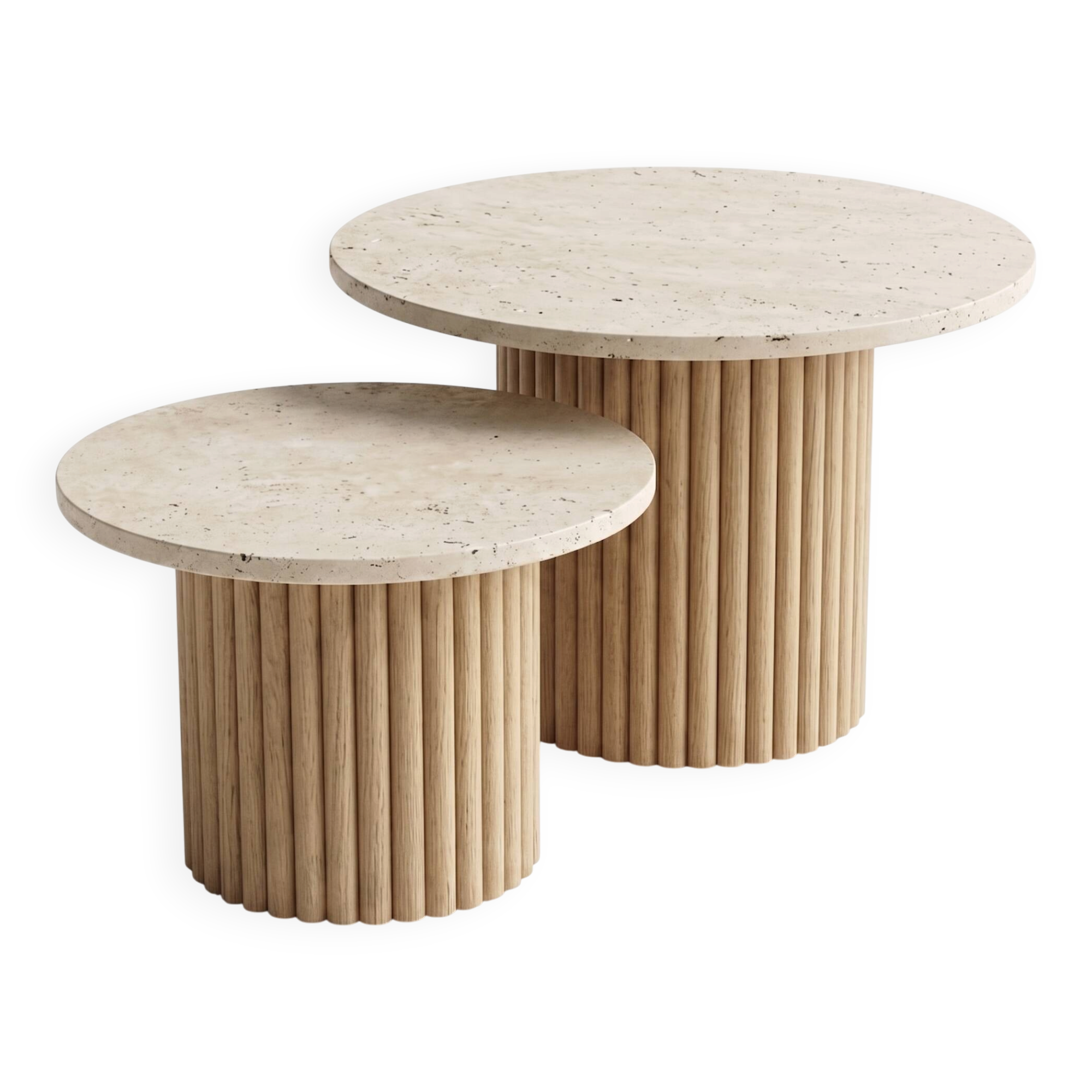 Round nesting coffee table in travertine and raw fluted wood.