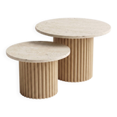 Table basse ronde gigogne travertin et bois cannelé brut