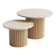 Round nesting coffee table in travertine and raw fluted wood.