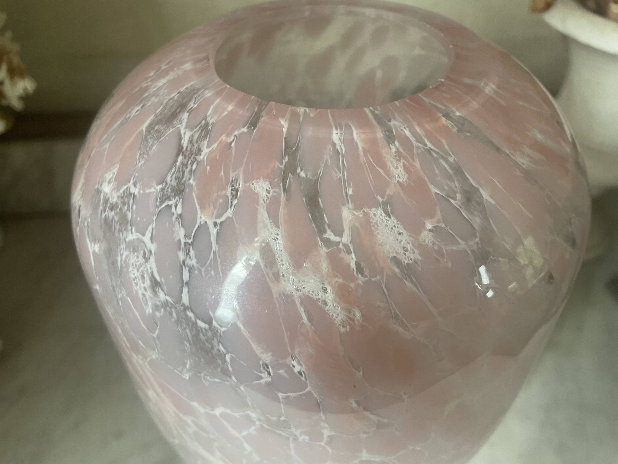 Marbled pink blown glass art vase, La Rochère
