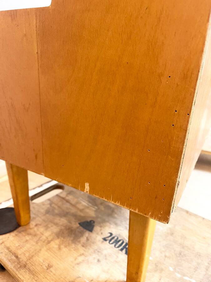 Coiffeuse basse vintage en bois blond – meuble moderniste années 50/60