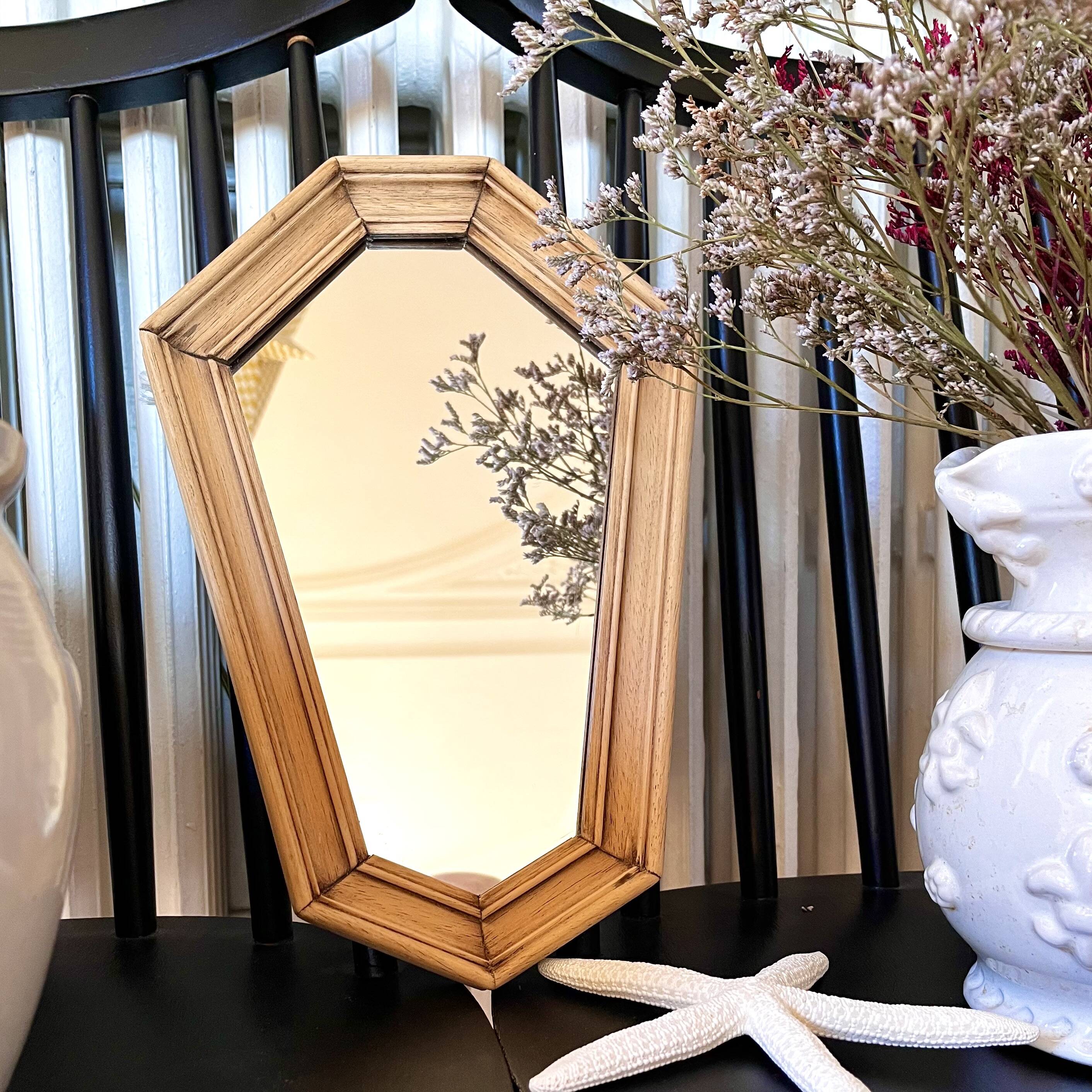 Small vintage beveled wooden wall mirror