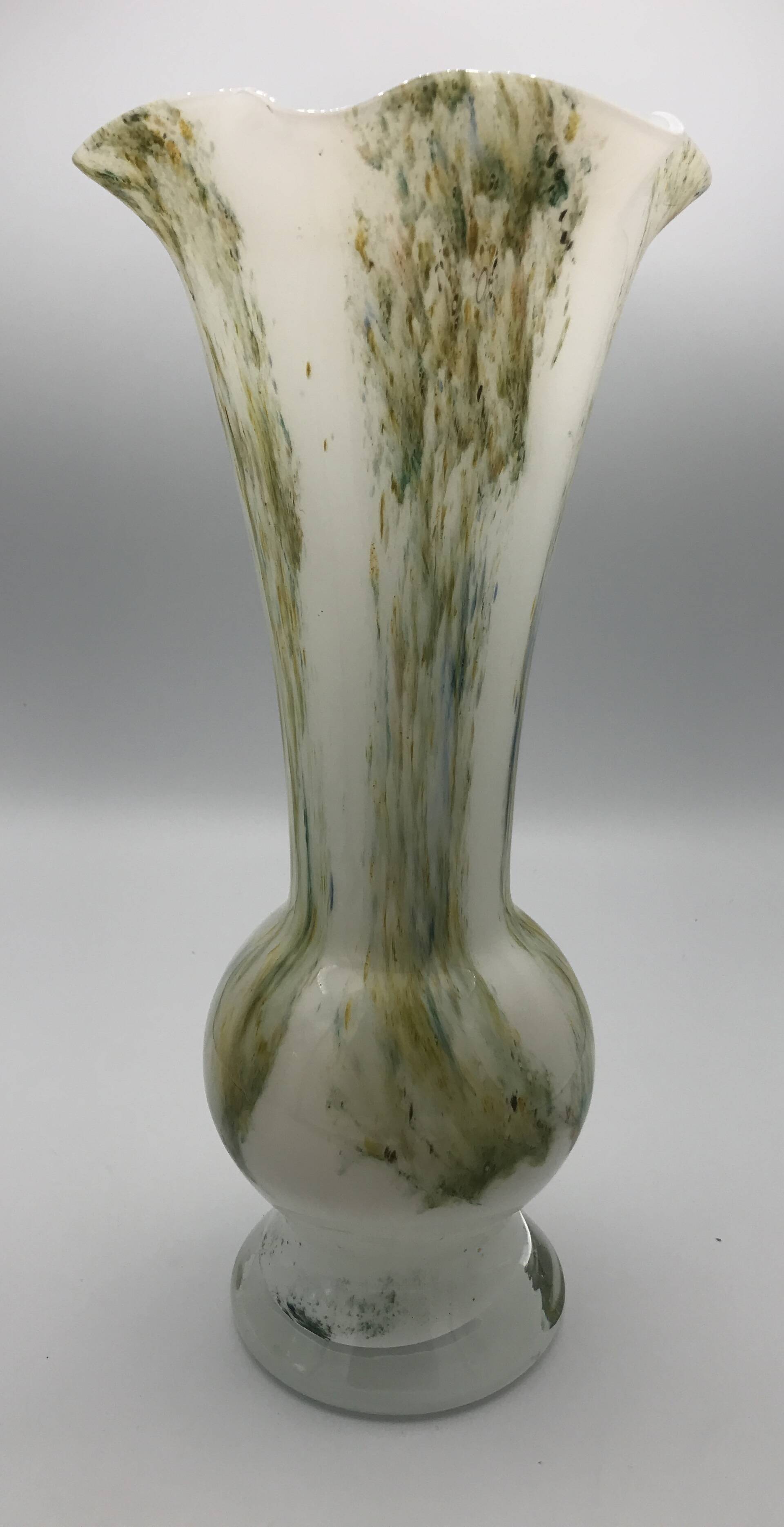 Vase in white opaline blown glass and green, yellow, blue polychrome shades