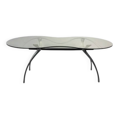 Bernard dequet, table bureau en aluminium brossé et verre ''rognon'', design