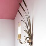 Vintage wall light with rush and leaves in sheet metal and gold metal