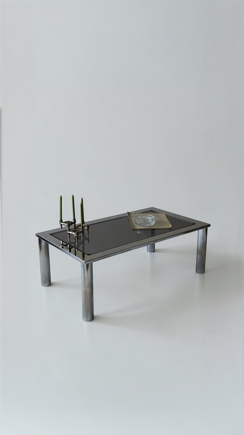 Chrome metal and smoked glass coffee table, 1970.