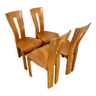 4 old French design solid elm chairs from the 70s vintage