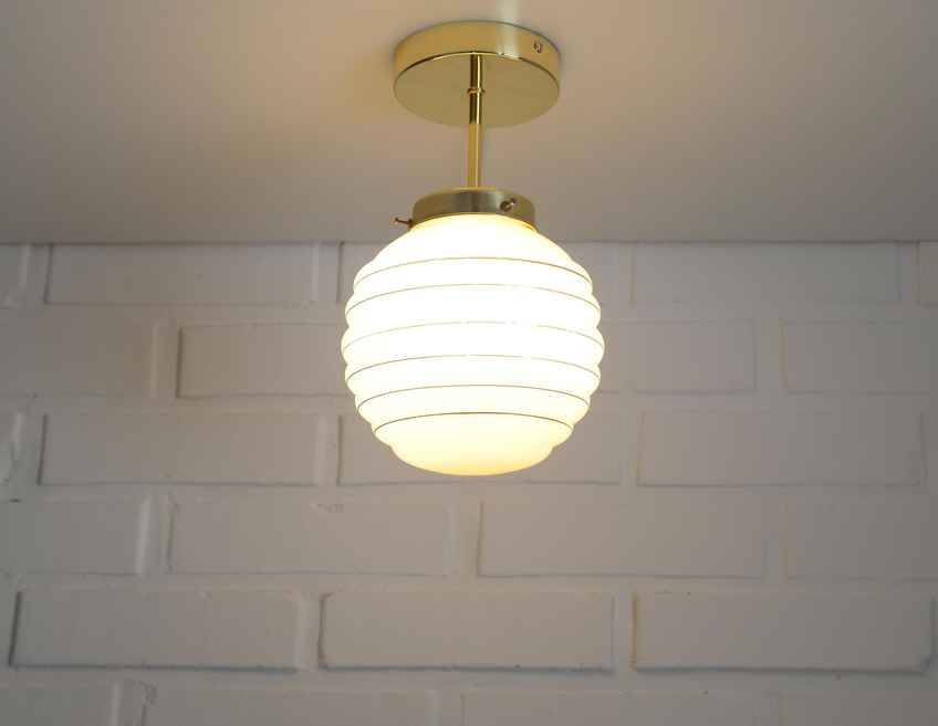 Set Of 3 Art Deco Semi Flush Ceiling Lights | 1940s Beige Hand Blown Glass