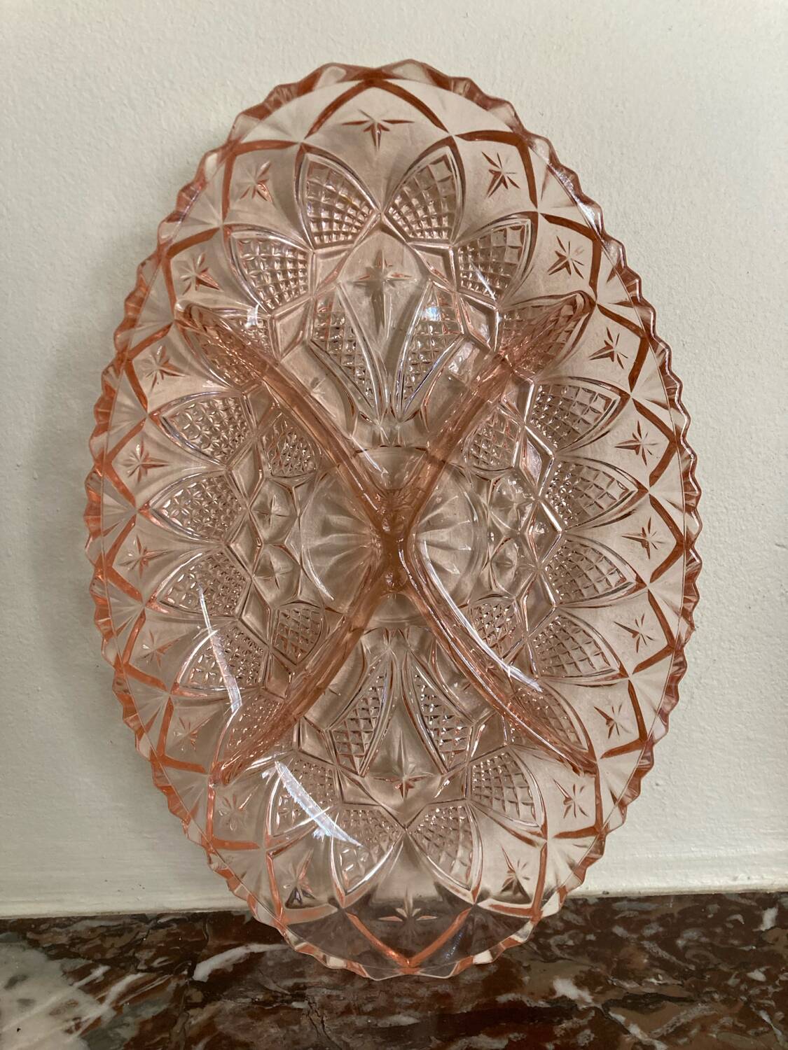 Art Deco pink molded glass aperitif serving dish