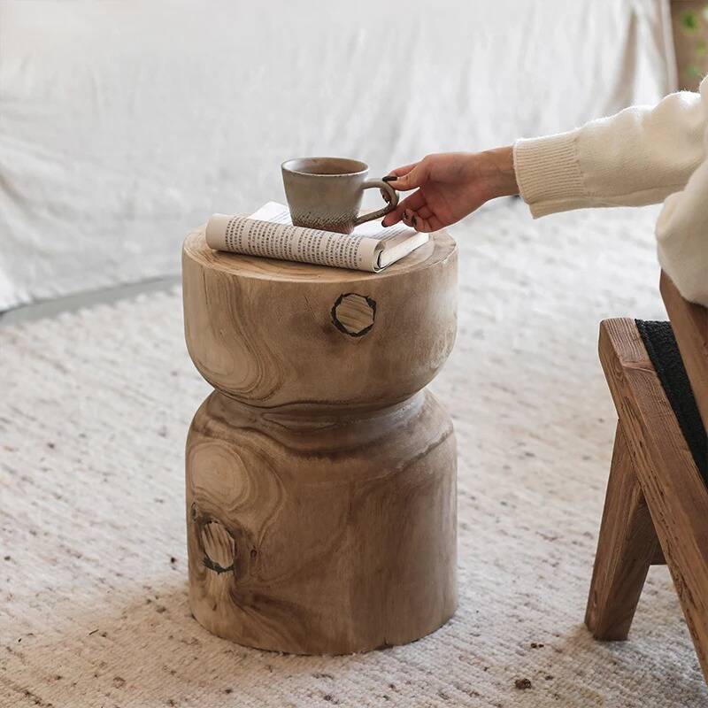 small retro solid wood cylindrical coffee table