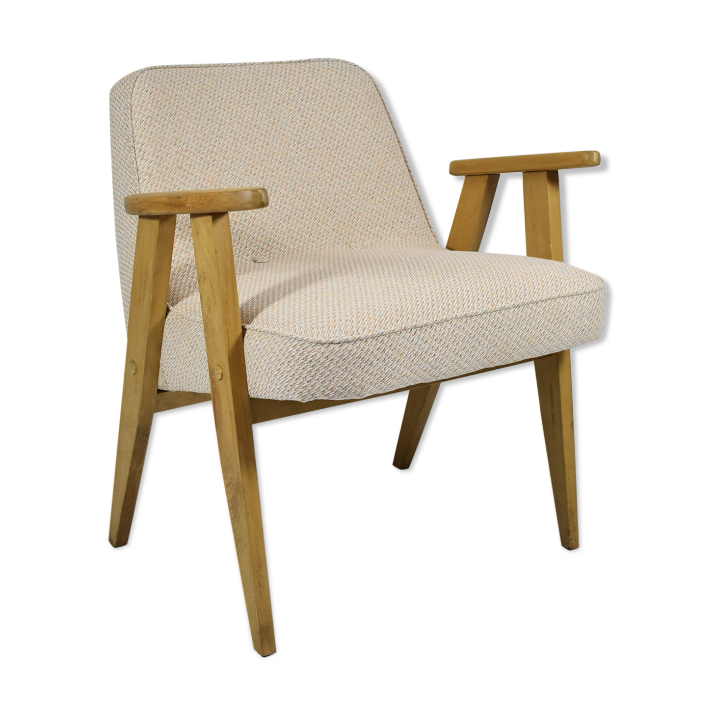Fauteuil vintage 366 Pologne années 60 J. Chierowski, tissu beige