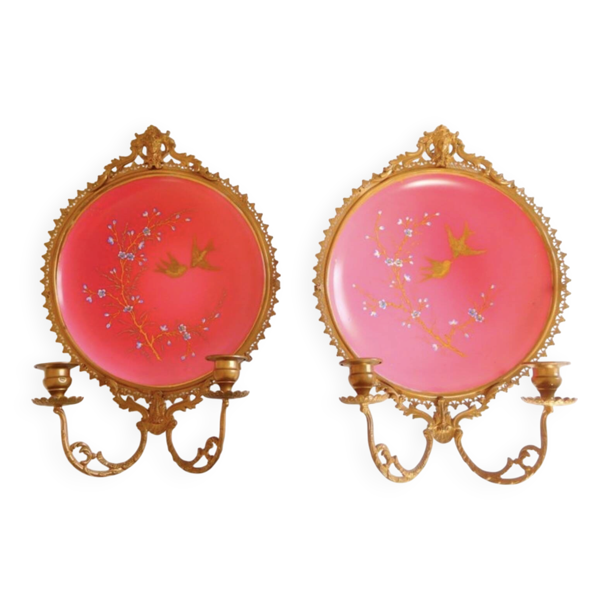 Pair of Napoleon III porcelain and bronze wall lights