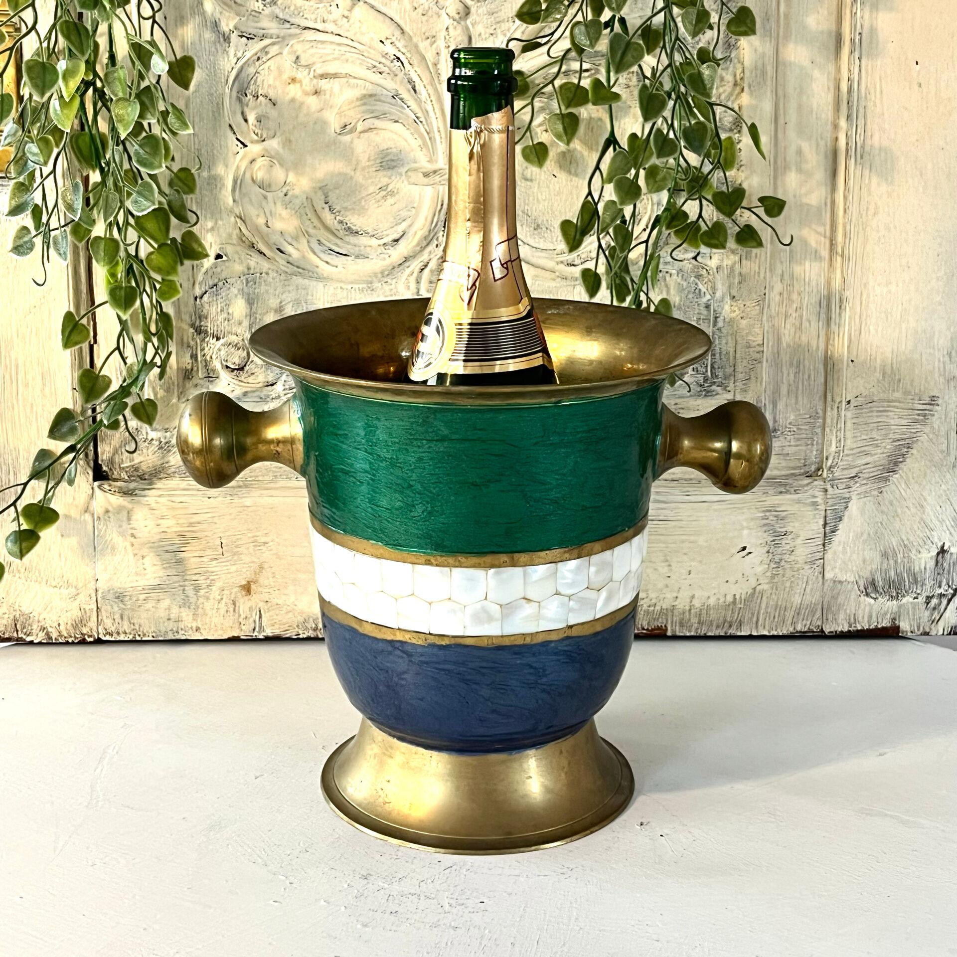 French Cloisonne cooler, Vintage Shell Inlay Barware Enamel Ice Bucket