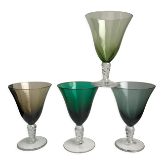 Set of 4 colored wine glasses feet worked 50s
