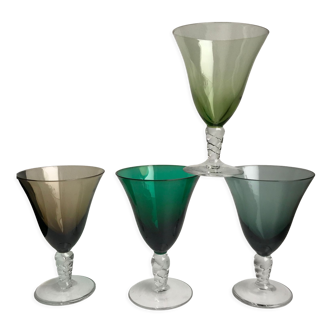 Lot de 4 verres à vin colorés pieds travaillé années 50