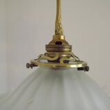 Vintage French Art Deco White Opaque Glass Pendant Light Clear Frilled Edge