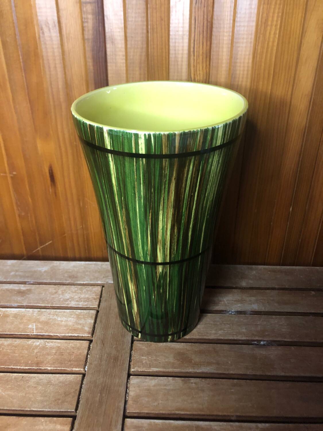Old vase st clément france green & yellow ceramic vintage #a392