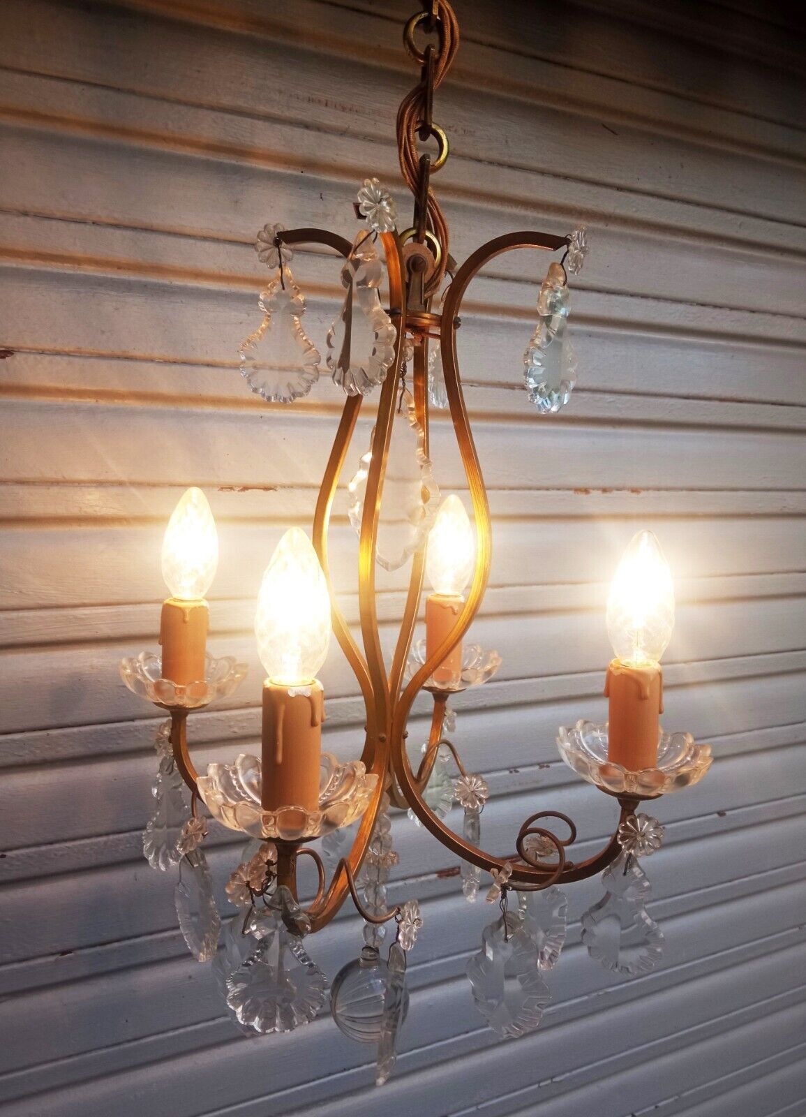 Old 4-light cage chandelier with crystal pendants