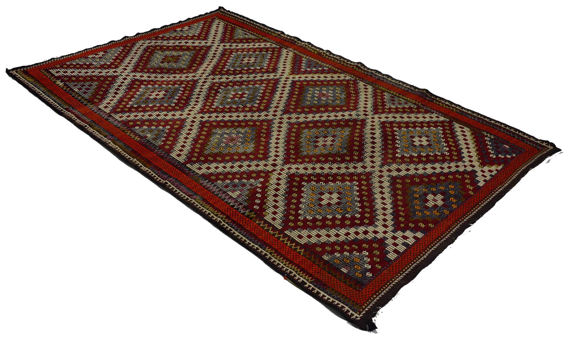 Grand Turkish Kilim Usak Vintage 200x327 cm Geometric Handwoven