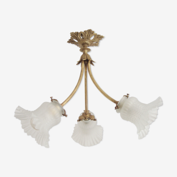 Three-armed Victorian style chandelier with glass tulips