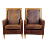 Set of 2 Sheepskin Leather Art Deco Design Armchairs