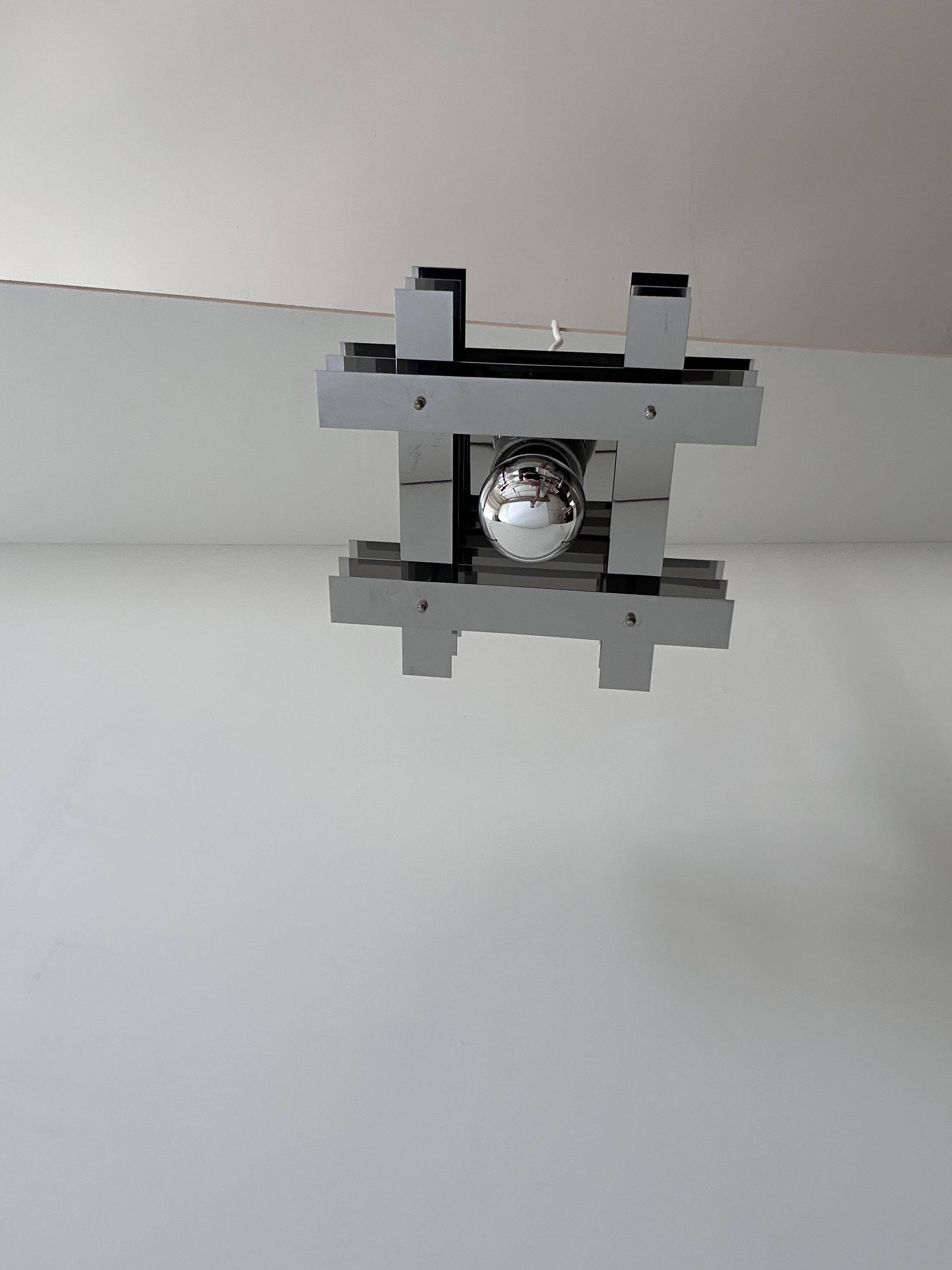 Vintage geometric pendant light, chrome metal, France 1960s