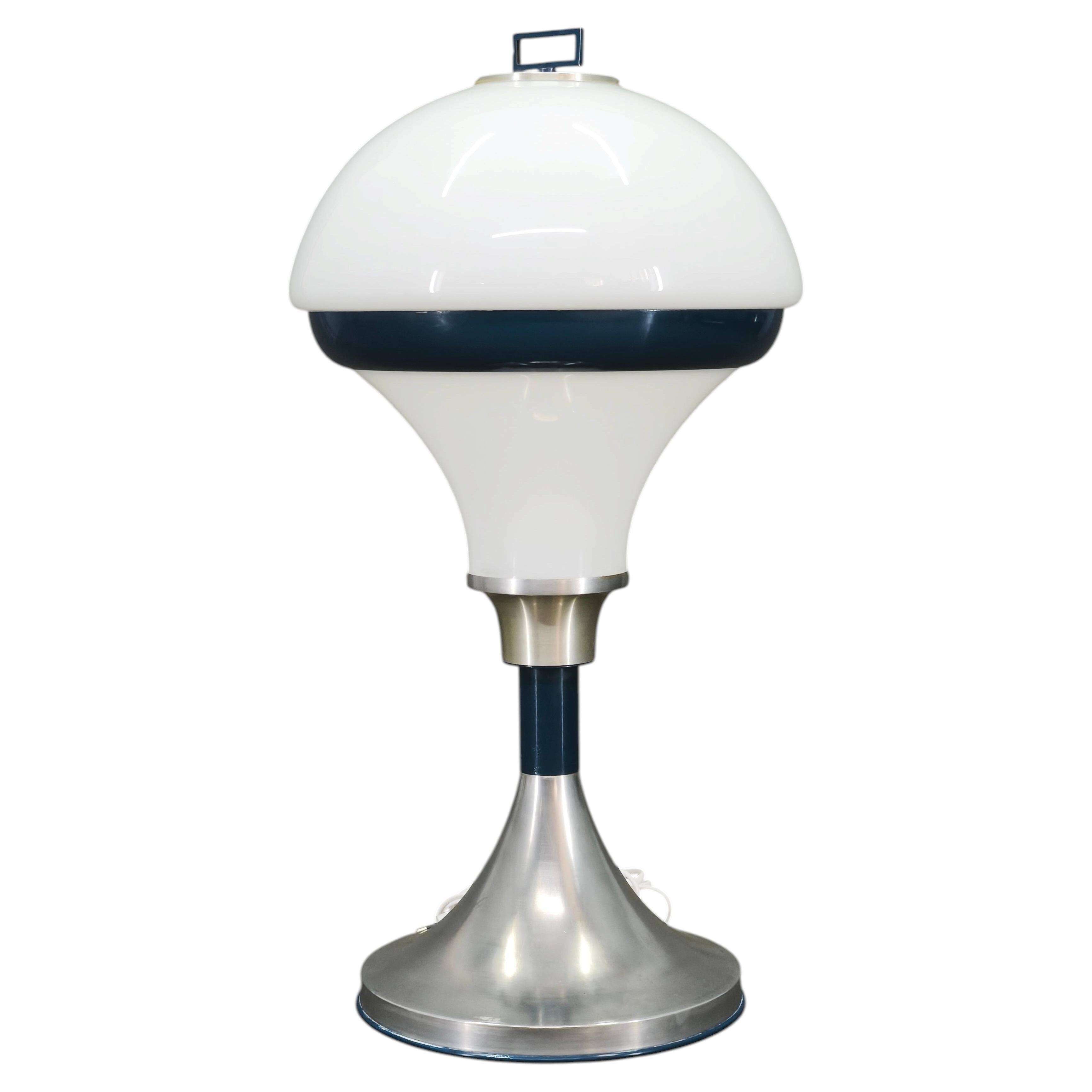 1970s Italian Space Age Opaline Glass and Blue Metal Table Lamp