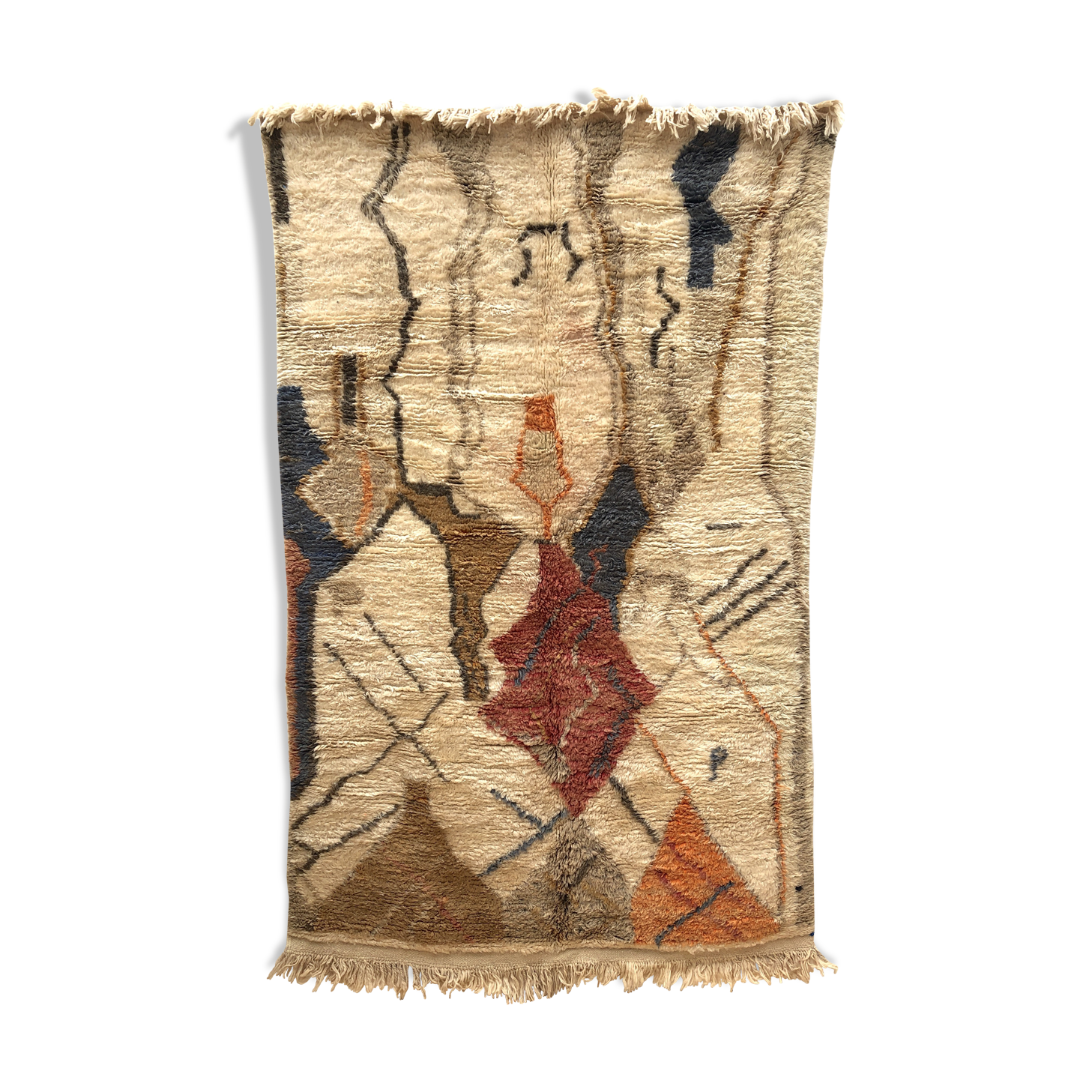 Moroccan Berber rug Boujaad ochre, blue, red and orange 2.56x1.58m