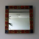 Vintage square mirror in gilded brass and enameled ceramic, 1970;