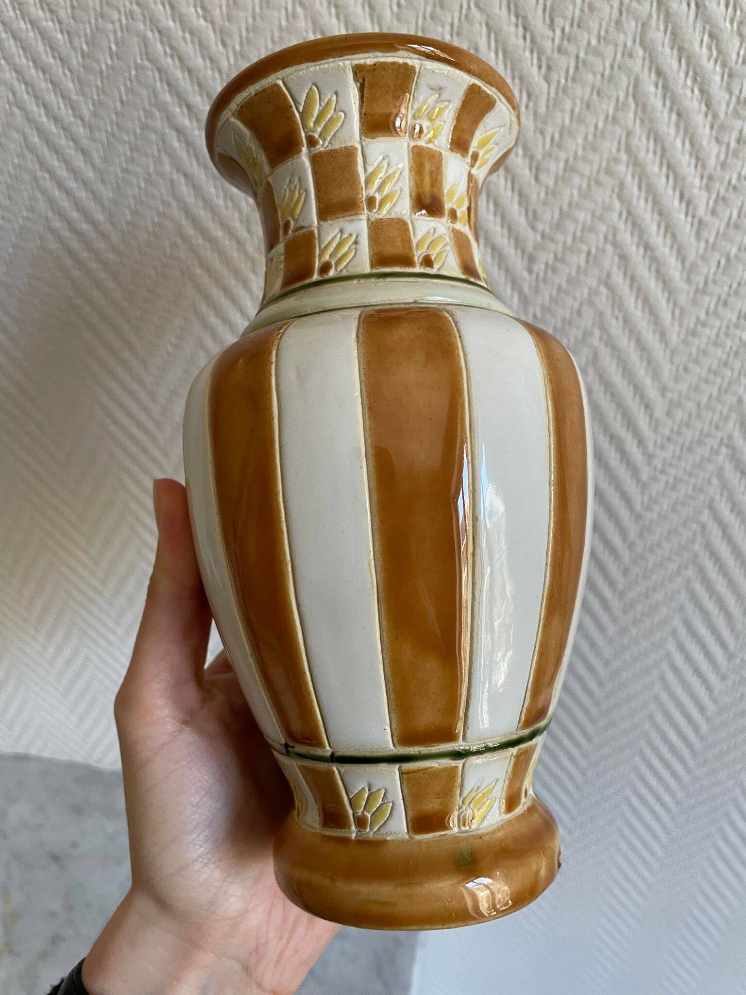 White and brown enamel vase Art Deco style