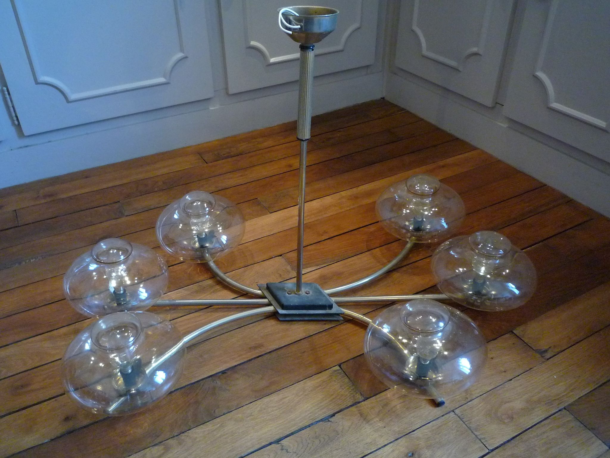 Vintage chandelier 6 lights, metal and glass, vintage 1950s