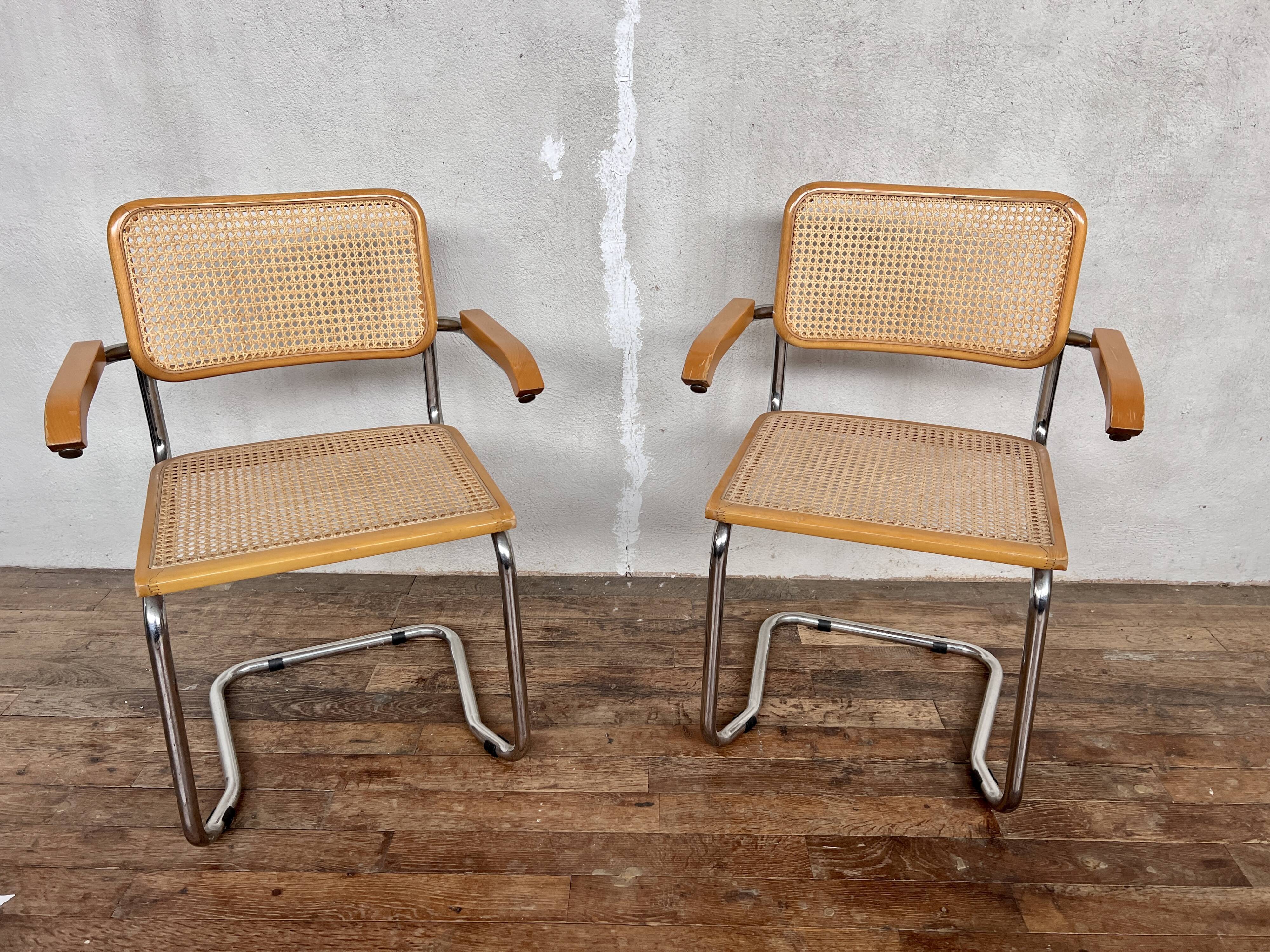 Pair of Breuer style armchair chair  made in italy vintage 1970 beige