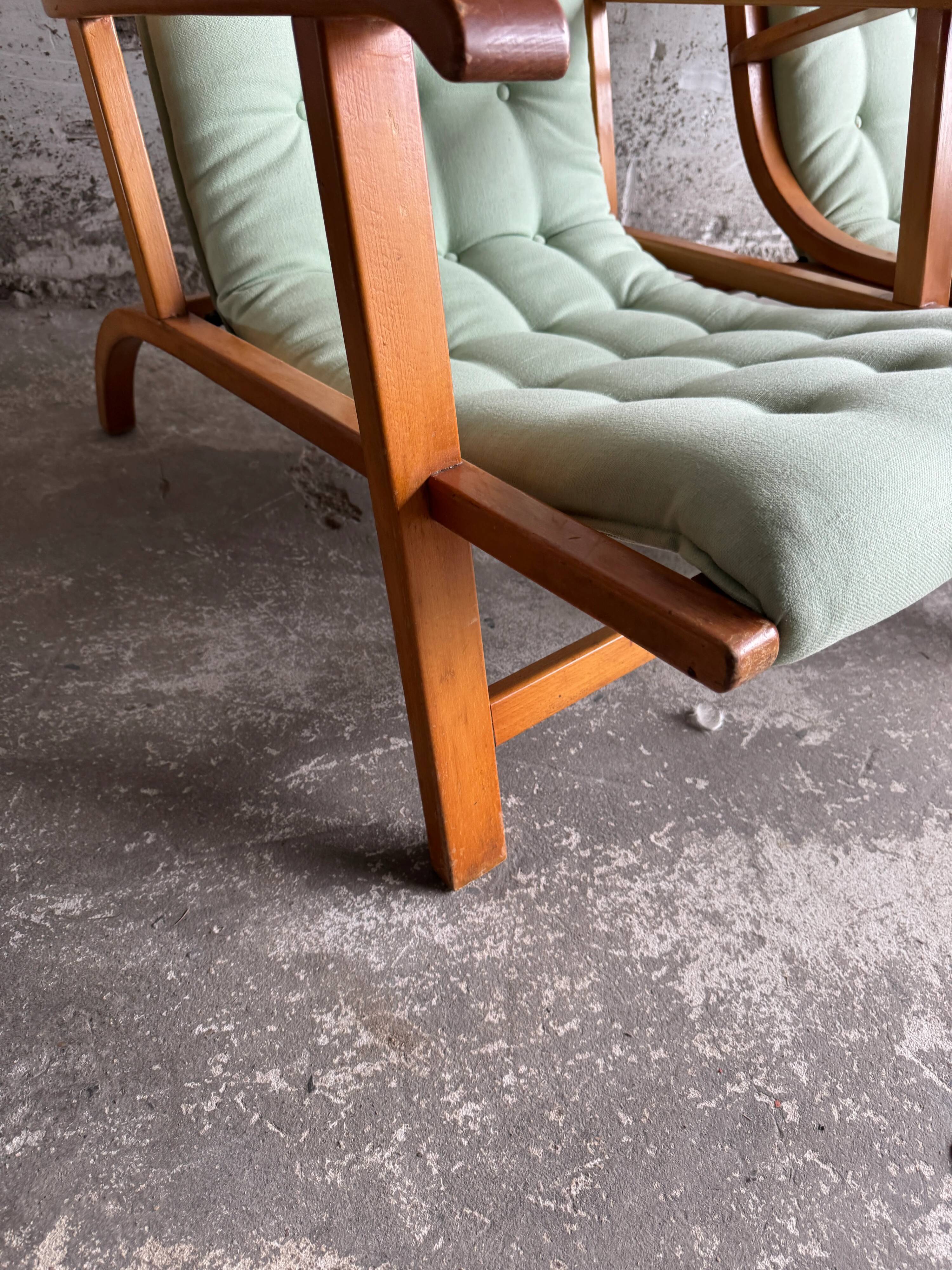 Set of 2 Vintage Mint Green Upholstered Lounge Chairs with Honey Wood Frames