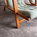 Set of 2 Vintage Mint Green Upholstered Lounge Chairs with Honey Wood Frames