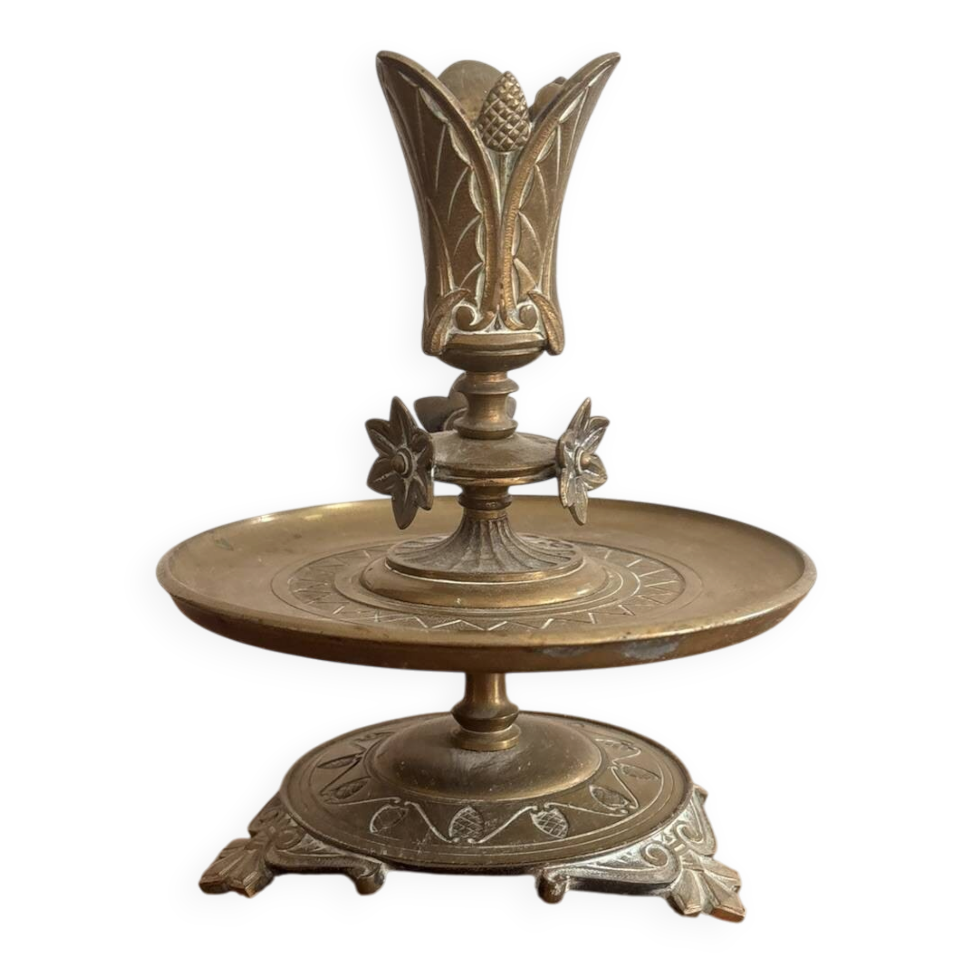 Bronze Carved Floral Lotus Flower Table Candle Holder Neo-Gothic Art Nouveau