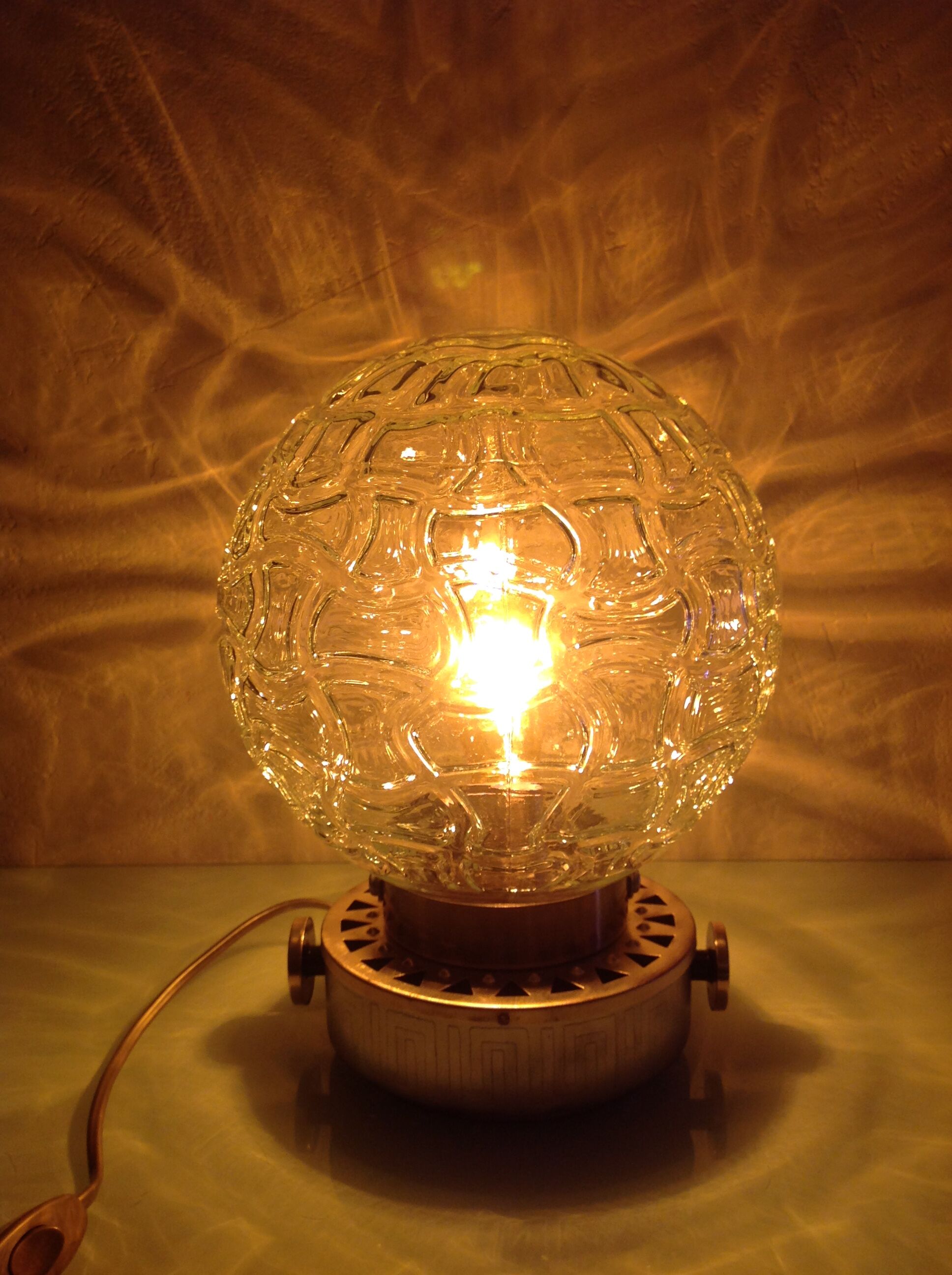 Structured glass globe lamp and metal-brass/ vintage 60s and 70s base